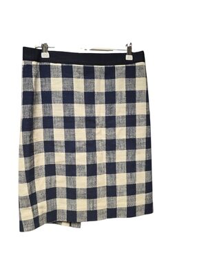 J Crew  "The Pencil Skirt" Navy & Cream Check Cotton Linen Woven Skirt Size 4